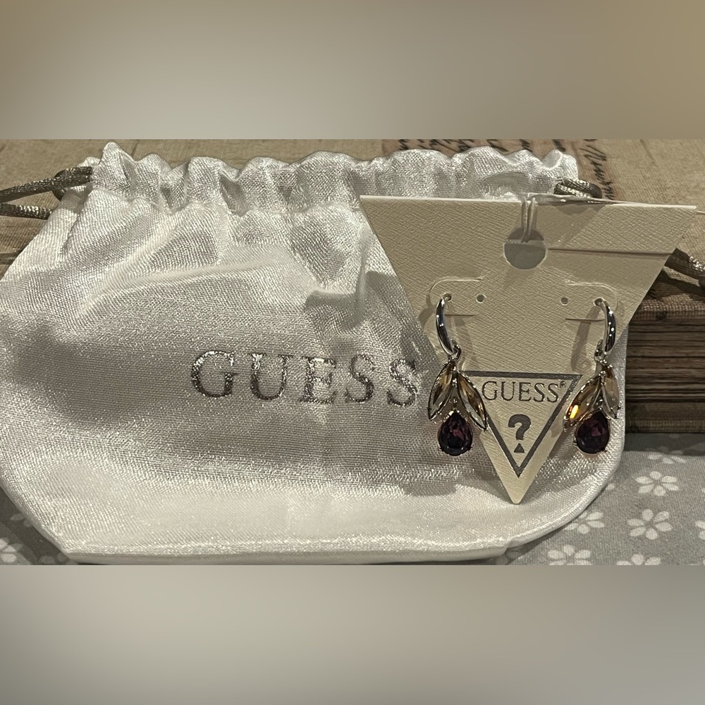 GUESS Silver Crystal Leaf Earrings with Deep Purple Teardrops NWT with dust bag